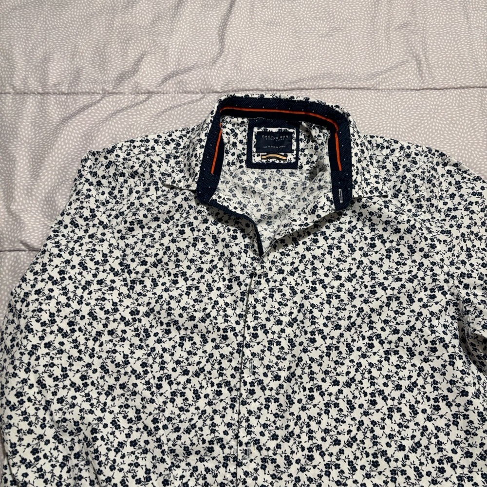 Cactus White Button-Down Shirt with Navy Floral Print